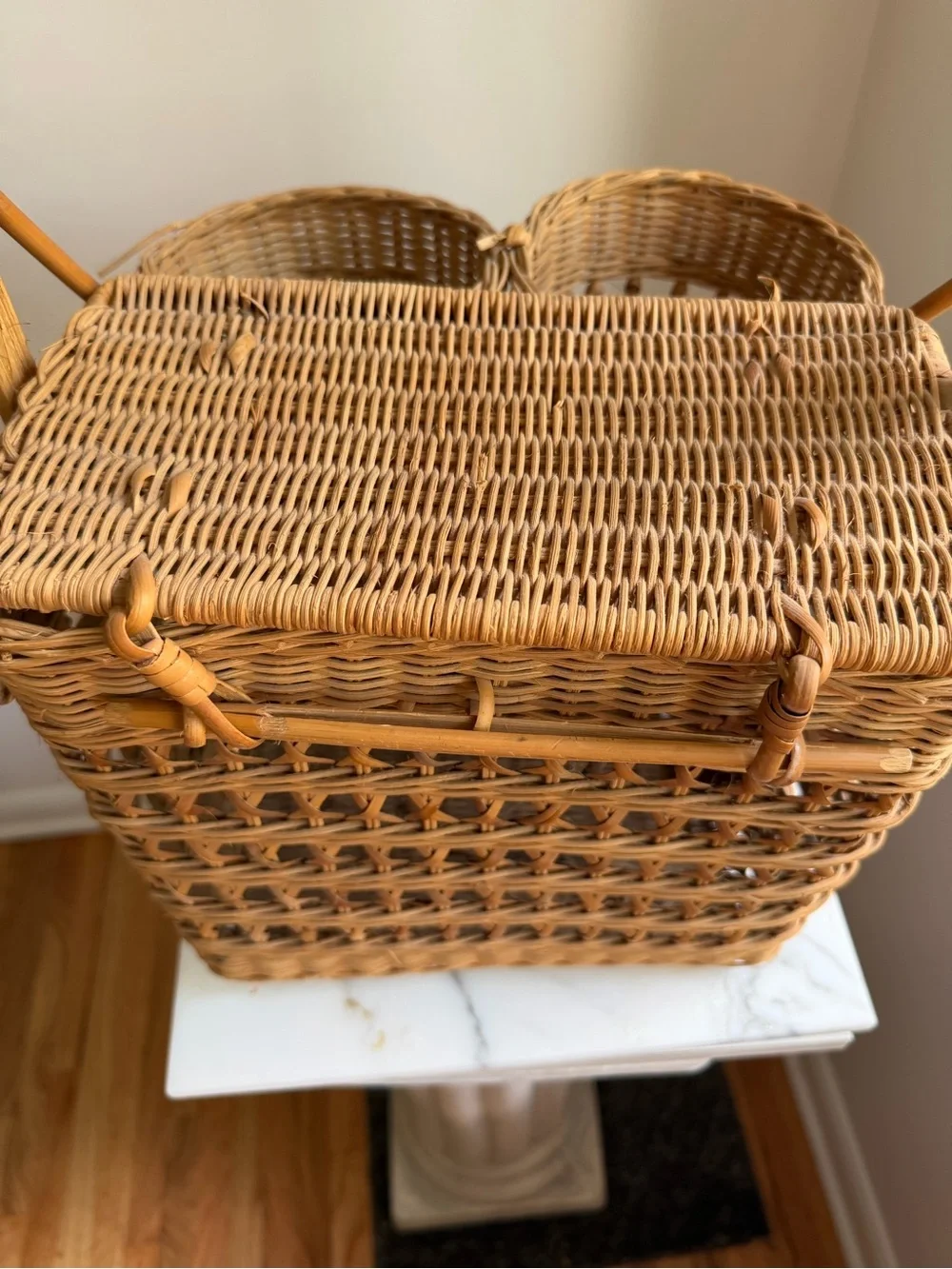 Vintage Woven Rattan Double Bottle Carrier in Natural Brown